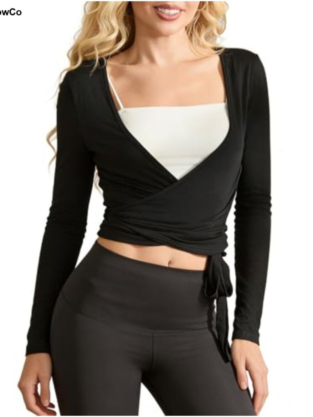 Awoscut Womens Ballet Wrap Top Yoga Dance Cross Tie Slim Fit V Neck Long Sleeve